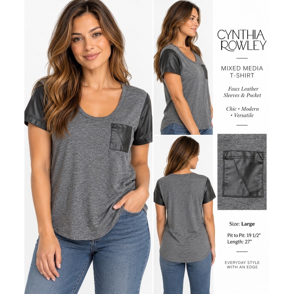 Cynthia Rowley Large Gray Faux Leather Sleeve Pocket Mixed Media T-Shirt
